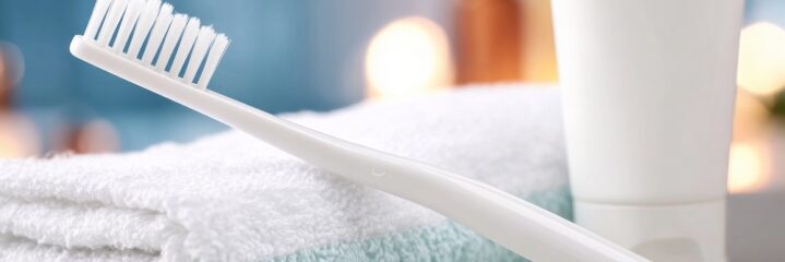 Toothbrush and toothpaste tube resting on a folded towel, symbolizing daily oral hygiene and personal healthcare routine